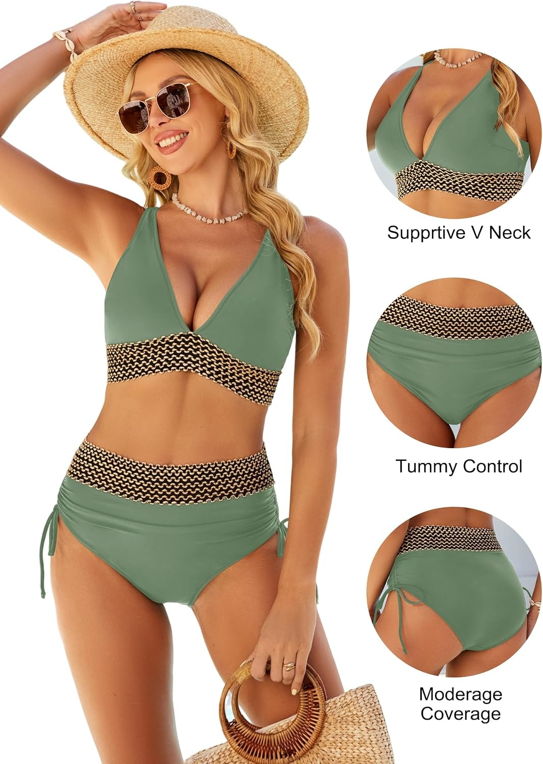 image:imageBlooming Jelly Women Color Block High Waisted Tummy Control Bikini SetsArmy GreenGold Trim