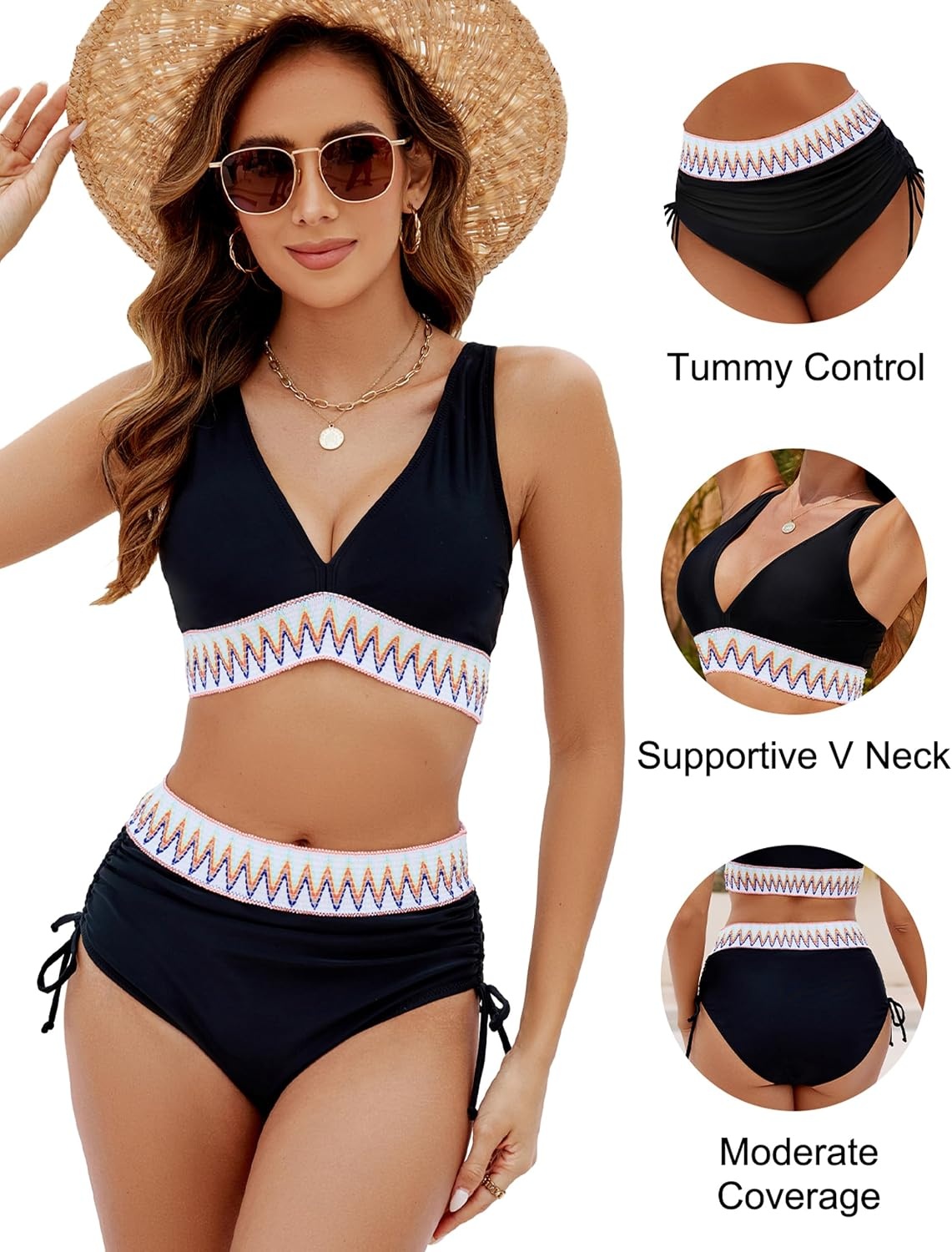 image:imageBlooming Jelly Women Color Block High Waisted Tummy Control Bikini SetsBlack New