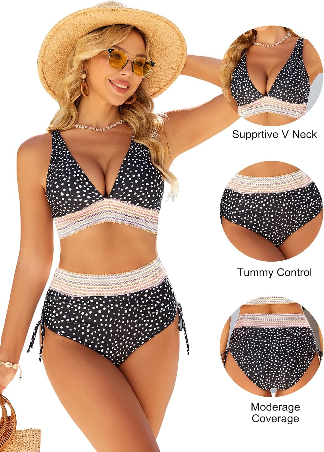 image:imageBlooming Jelly Women Color Block High Waisted Tummy Control Bikini SetsBlack Polka Dot