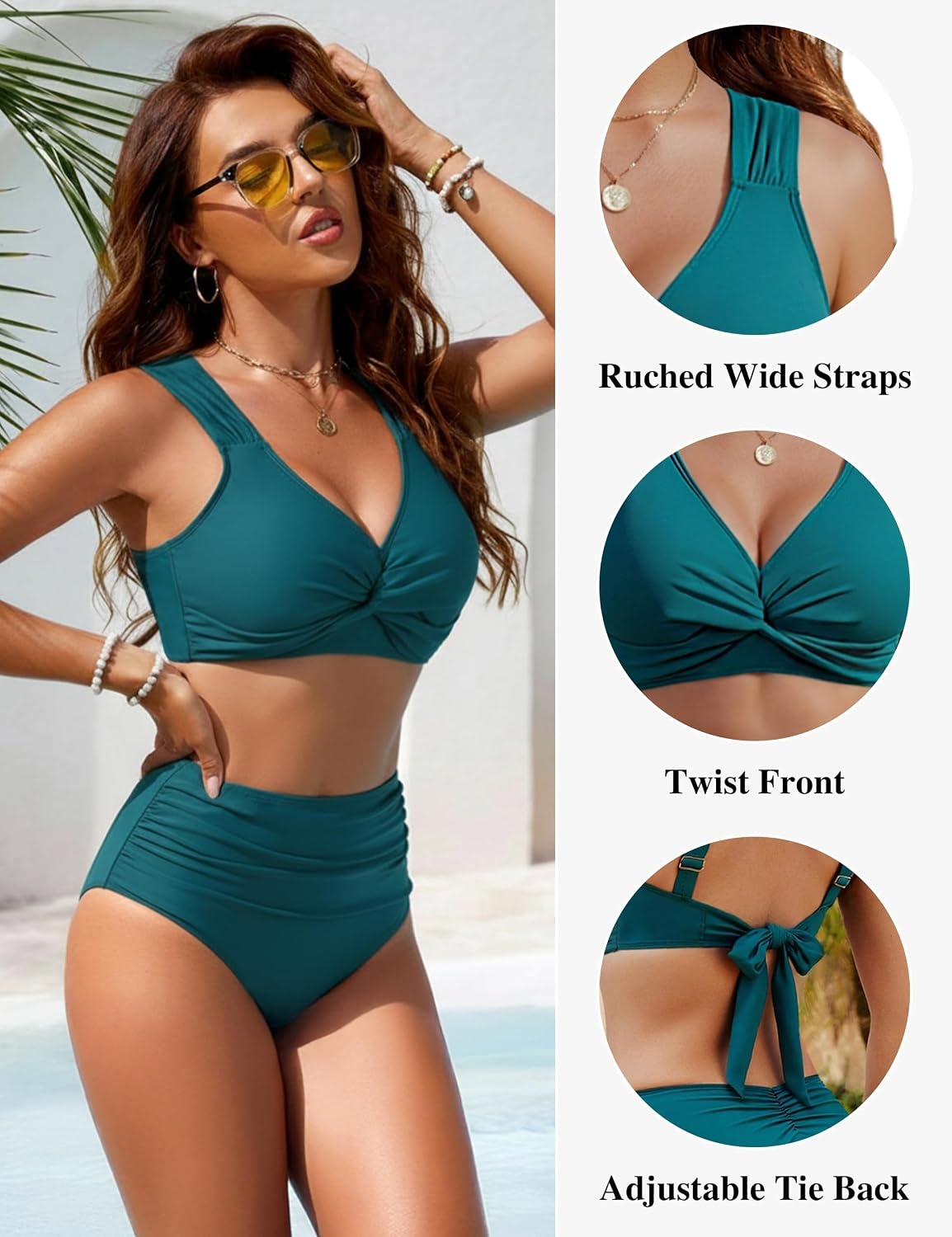 image:imageBlooming Jelly Women Color Block High Waisted Tummy Control Bikini SetsBlue Green 2