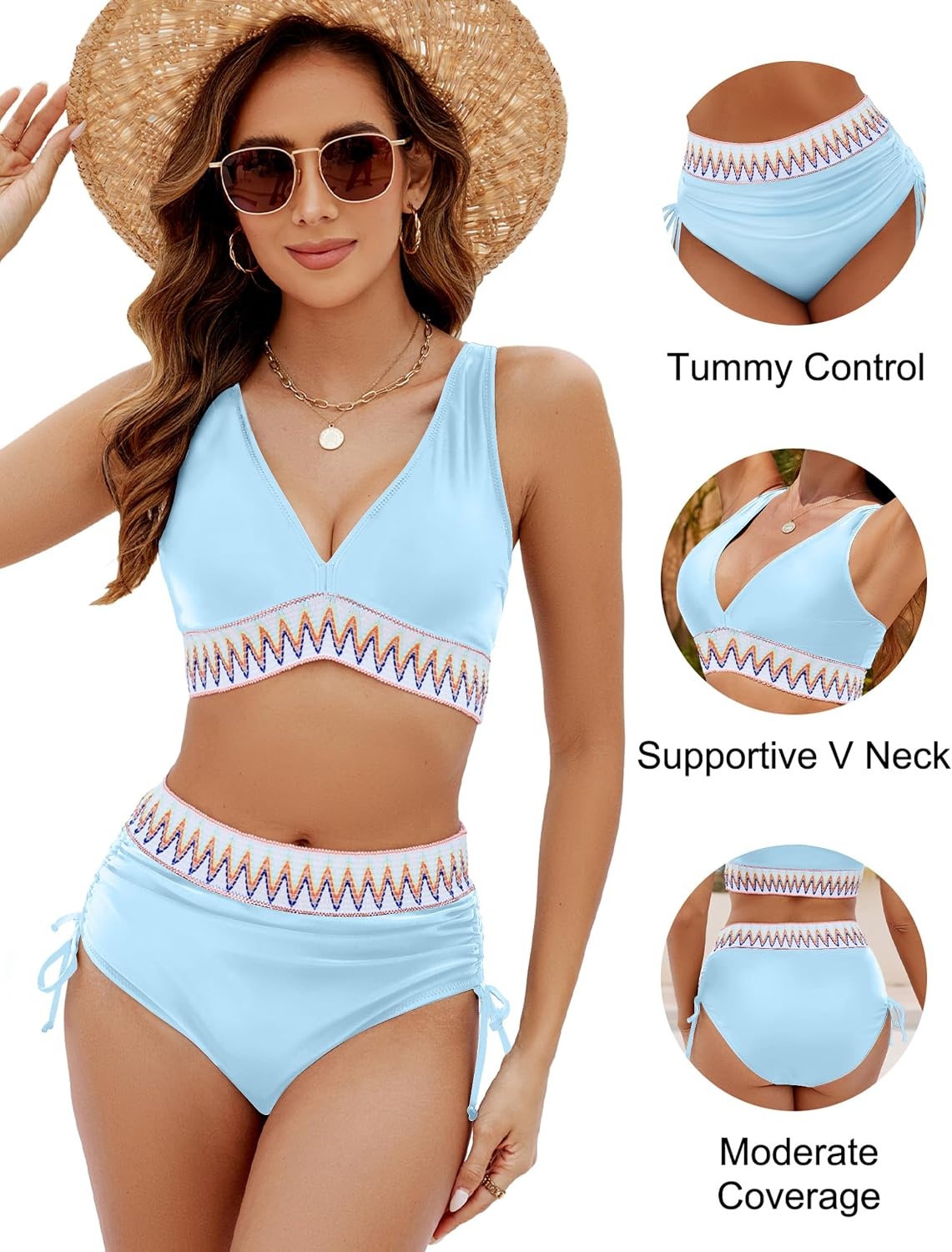 image:imageBlooming Jelly Women Color Block High Waisted Tummy Control Bikini SetsBlue New