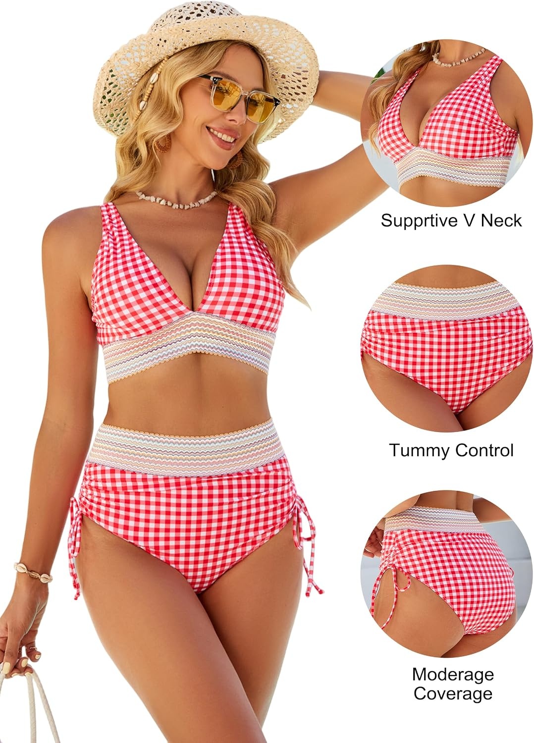 image:imageBlooming Jelly Women Color Block High Waisted Tummy Control Bikini SetsRed White Plaid