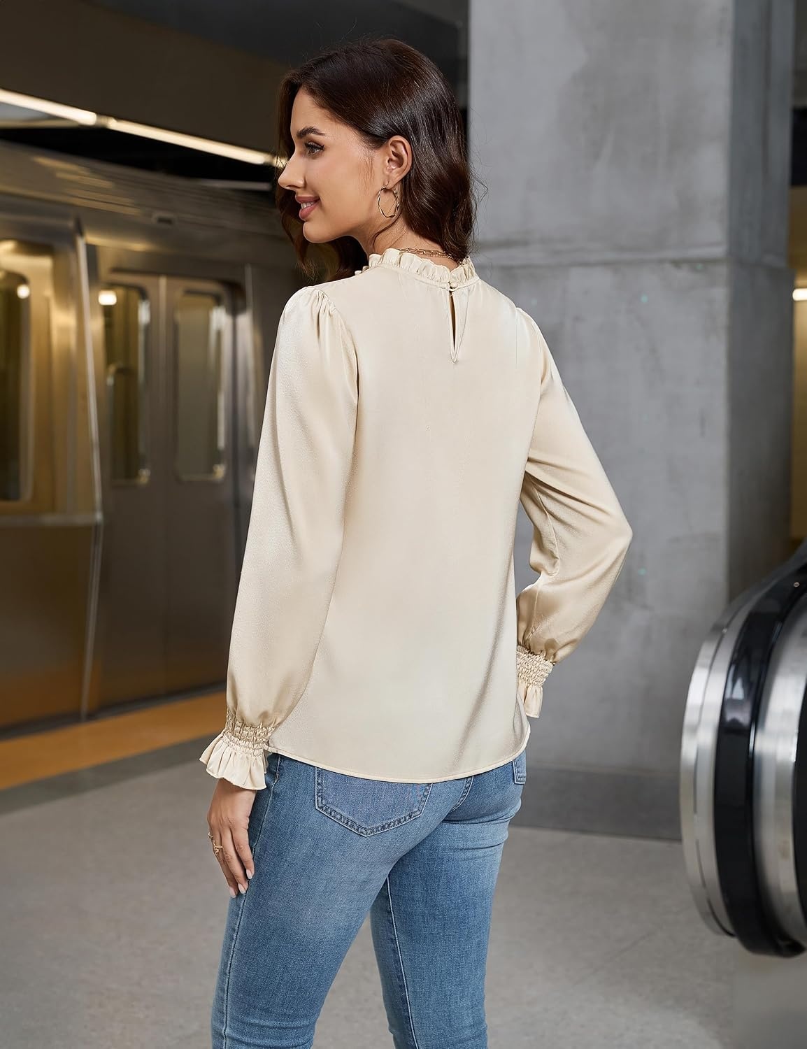 image:imageBlooming Jelly Women Dressy Casual Blouses Pleated Satin Silk Business TopsApricot