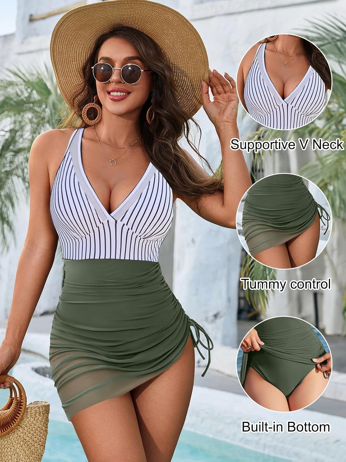 image:imageBlooming Jelly Women Mesh One Piece Swim Dress Tummy Control SwimsuitArmy Green Stripes