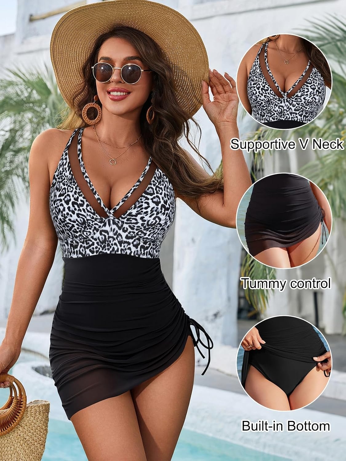 image:imageBlooming Jelly Women Mesh One Piece Swim Dress Tummy Control SwimsuitBlack Leopard