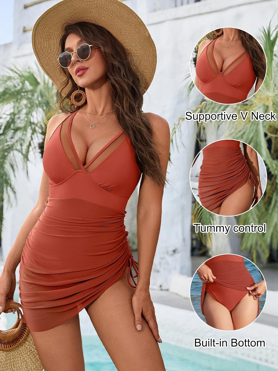 image:imageBlooming Jelly Women Mesh One Piece Swim Dress Tummy Control SwimsuitBrick Red