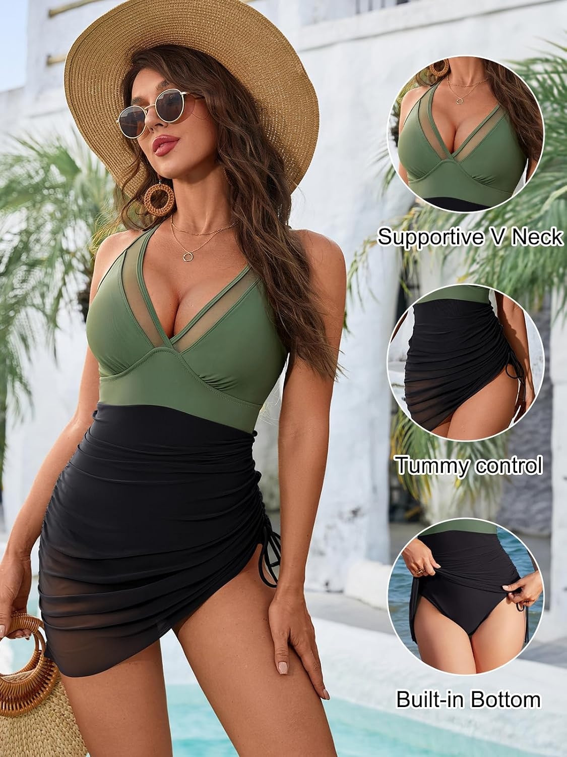 image:imageBlooming Jelly Women Mesh One Piece Swim Dress Tummy Control SwimsuitGreen and Black