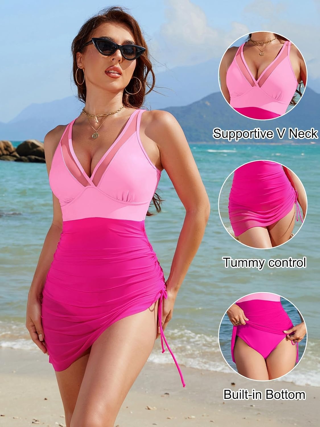 image:imageBlooming Jelly Women Mesh One Piece Swim Dress Tummy Control SwimsuitPinkHot Pink