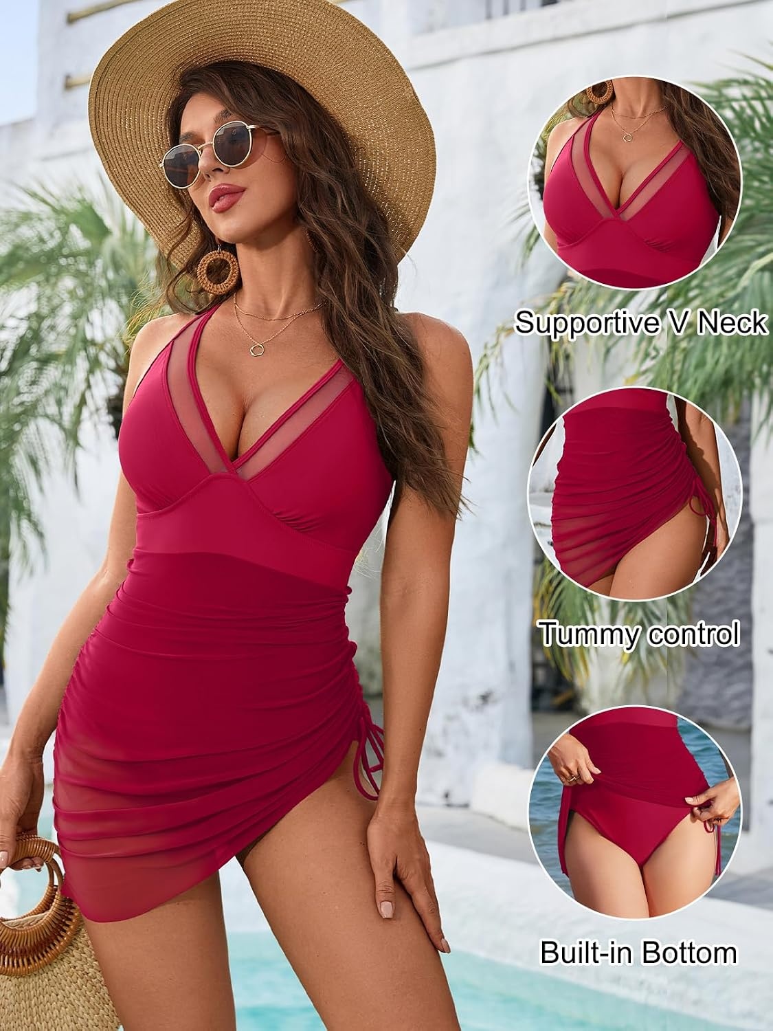 image:imageBlooming Jelly Women Mesh One Piece Swim Dress Tummy Control SwimsuitRed