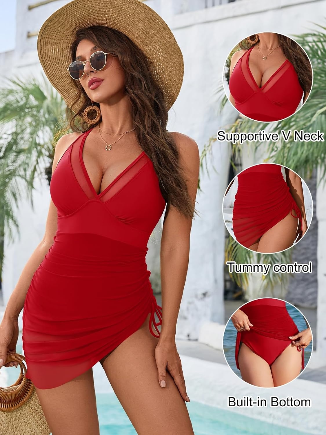 image:imageBlooming Jelly Women Mesh One Piece Swim Dress Tummy Control SwimsuitRuby Red