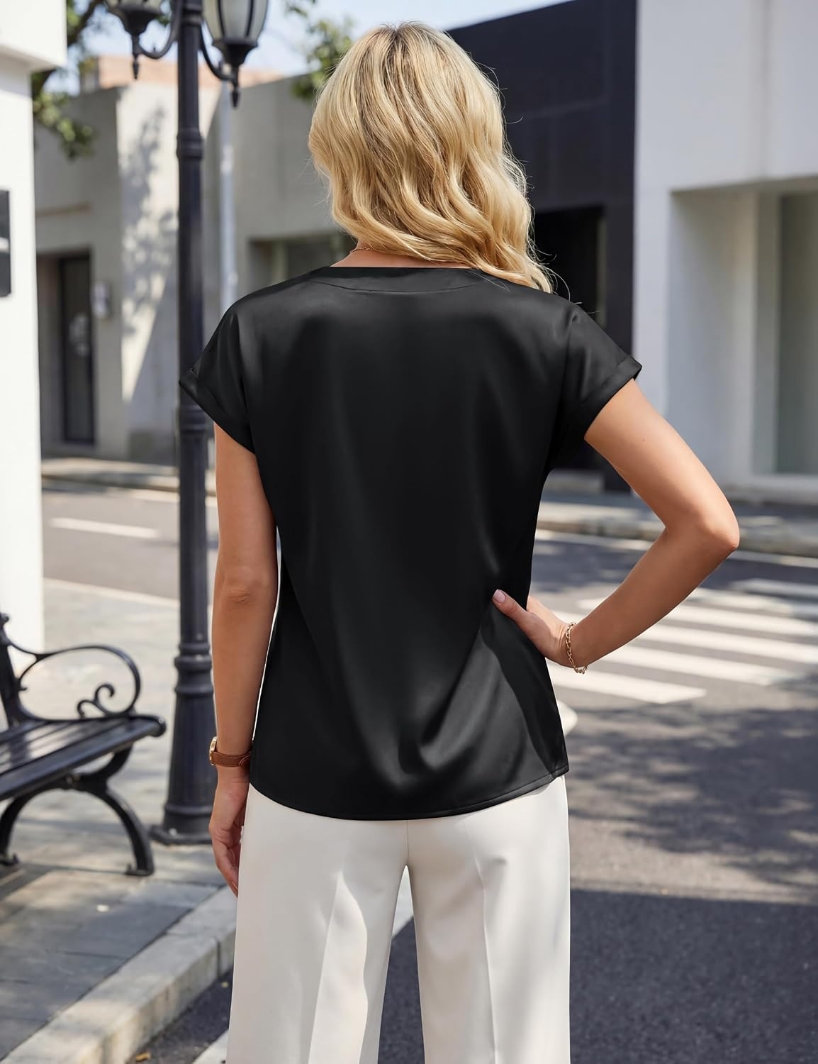 image:imageBlooming Jelly Women Silk Business Casual Blouses Mesh V Neck Work OutfitsBlack01
