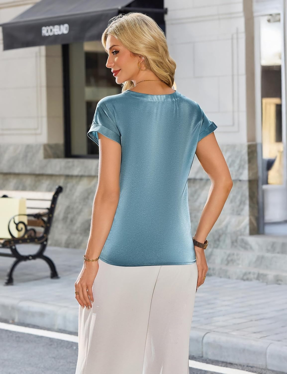 image:imageBlooming Jelly Women Silk Business Casual Blouses Mesh V Neck Work OutfitsBlue