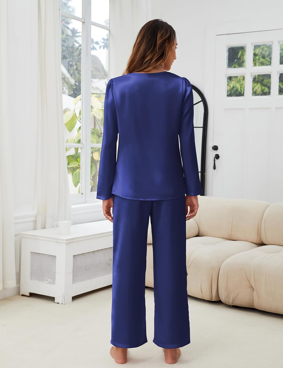 image:imageBlooming Jelly Women Silk Pajamas Set 2 Piece Satin PJ Sets Long Sleeve with Tie Lounge SleepwearXLarge Deep Blue