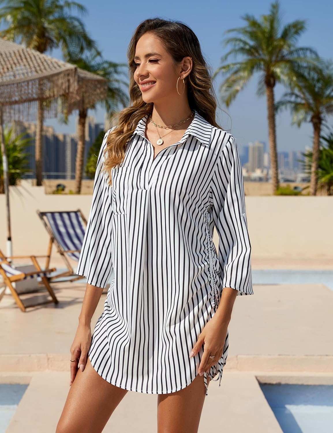 image:imageBlooming Jelly Womens Bathing Suit Cover Up Drawstring Bikini Beach DressBlack Stripes