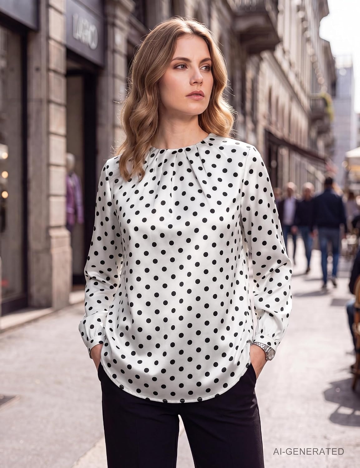 image:imageBlooming Jelly Womens Dressy Business Casual Blouse Pleated Long Sleeve Tops Satin Silk Work Shirt Fall Outfits 2026Whitepolka Dots