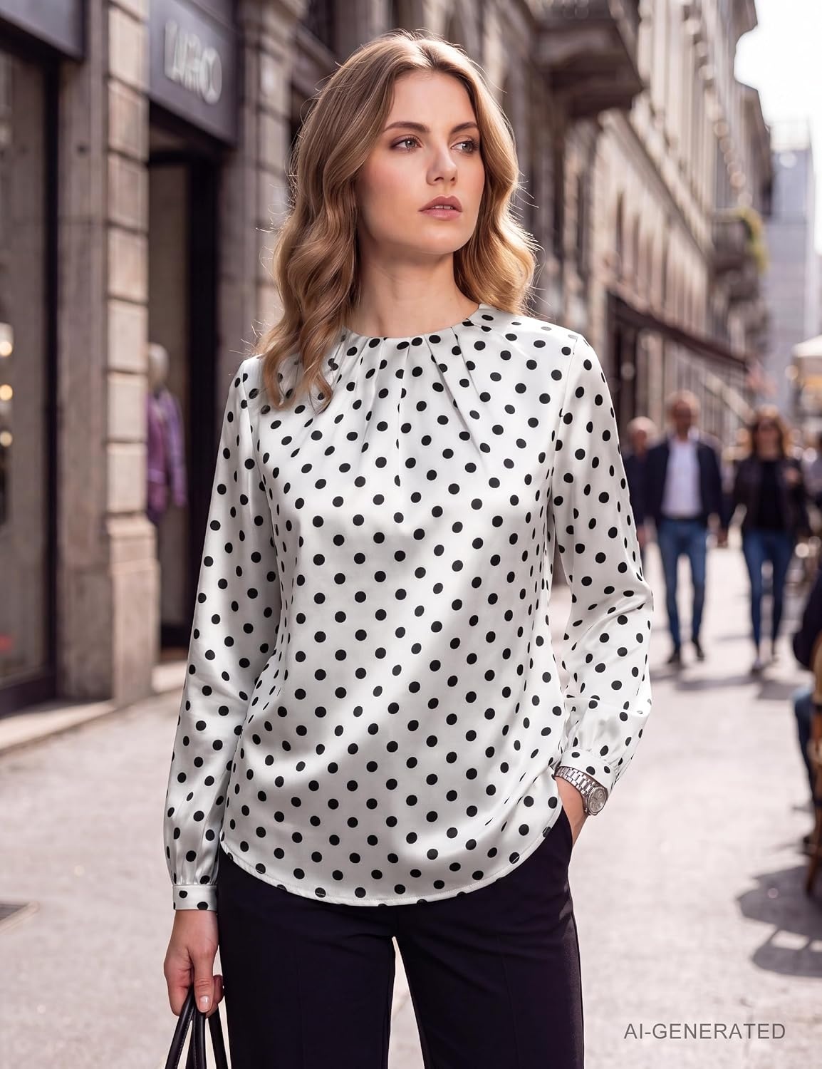 image:imageBlooming Jelly Womens Dressy Business Casual Blouse Pleated Long Sleeve Tops Satin Silk Work Shirt Fall Outfits 2026Whitepolka Dots