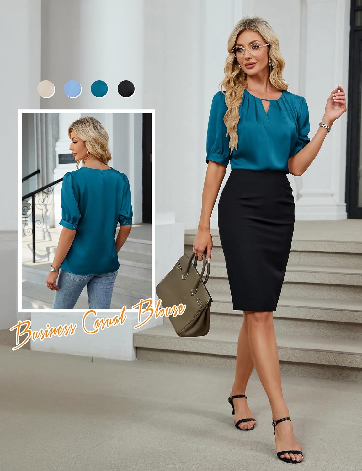 image:imageBlooming Jelly Womens Dressy Business Casual Blouses Silk Puff Sleeve Tops Summer Outfits V Neck Pleated Work Shirts 2025Turquoise