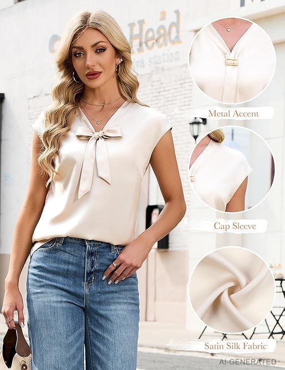image:imageBlooming Jelly Womens Dressy Casual Blouses Satin Silk Bow Tie Work TopsApricot