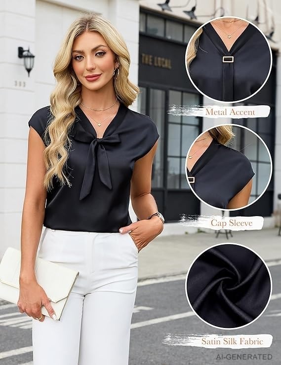 image:imageBlooming Jelly Womens Dressy Casual Blouses Satin Silk Bow Tie Work TopsBlack