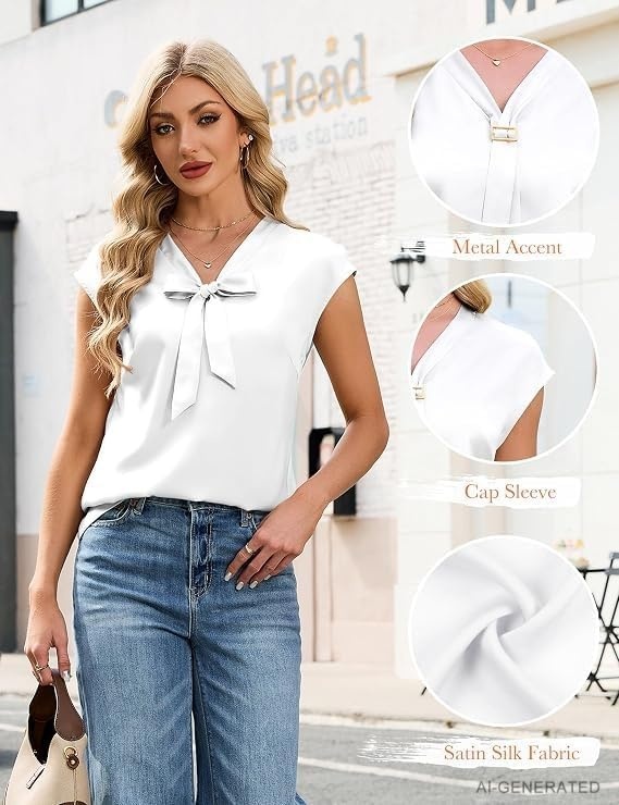 image:imageBlooming Jelly Womens Dressy Casual Blouses Satin Silk Bow Tie Work TopsWhite