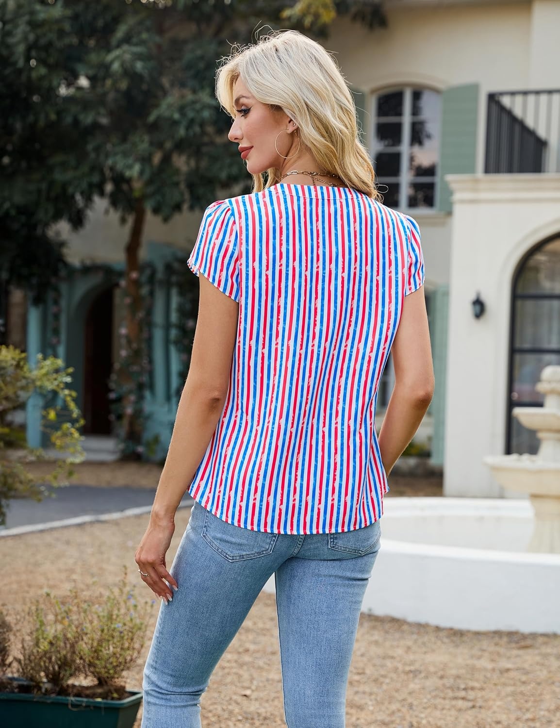 image:imageBlooming Jelly Womens Dressy Casual Tops Business Work Short Sleeve BlouseAmerican Flag Striped