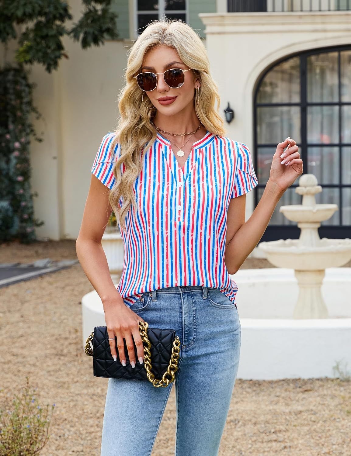 image:imageBlooming Jelly Womens Dressy Casual Tops Business Work Short Sleeve BlouseAmerican Flag Striped