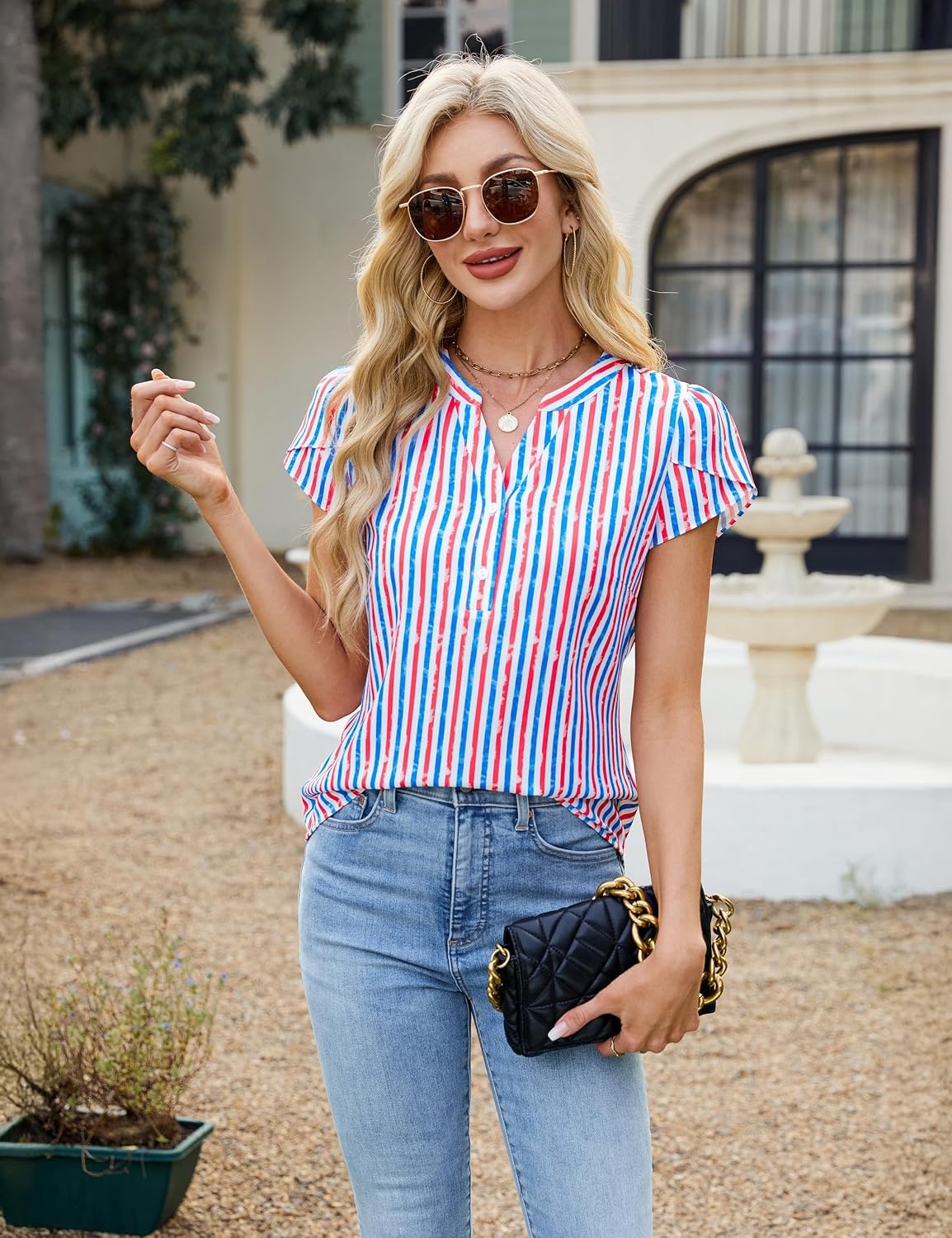 image:imageBlooming Jelly Womens Dressy Casual Tops Business Work Short Sleeve BlouseAmerican Flag Striped