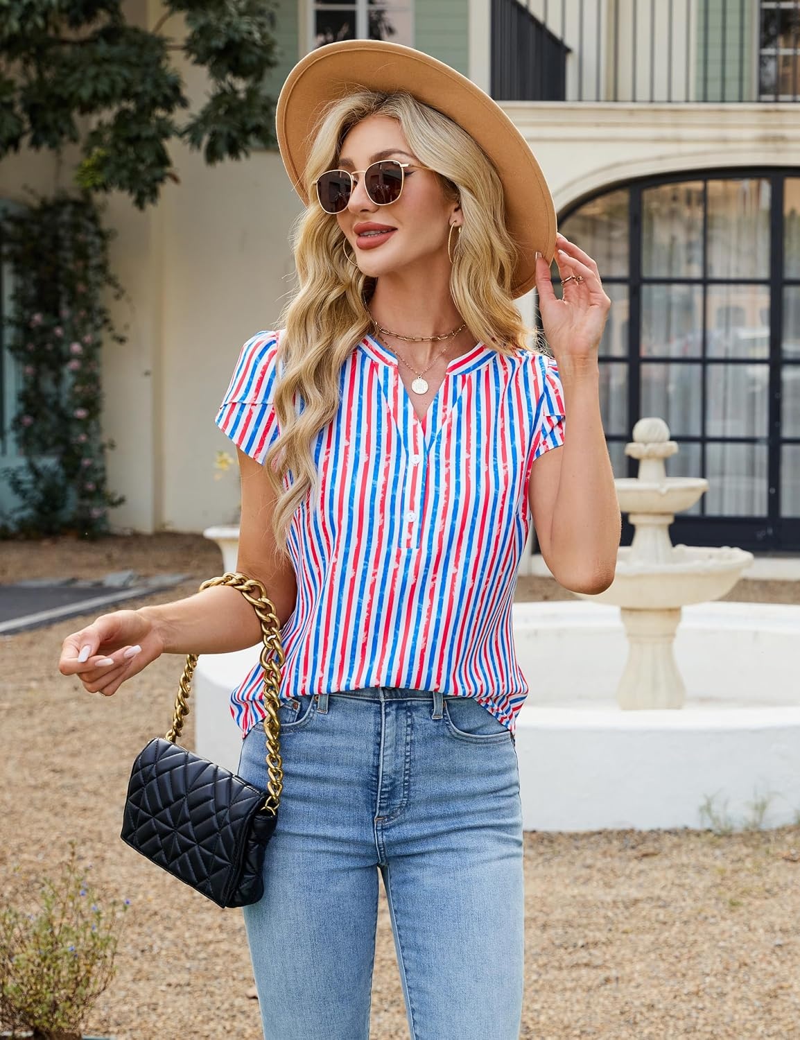 image:imageBlooming Jelly Womens Dressy Casual Tops Business Work Short Sleeve BlouseAmerican Flag Striped