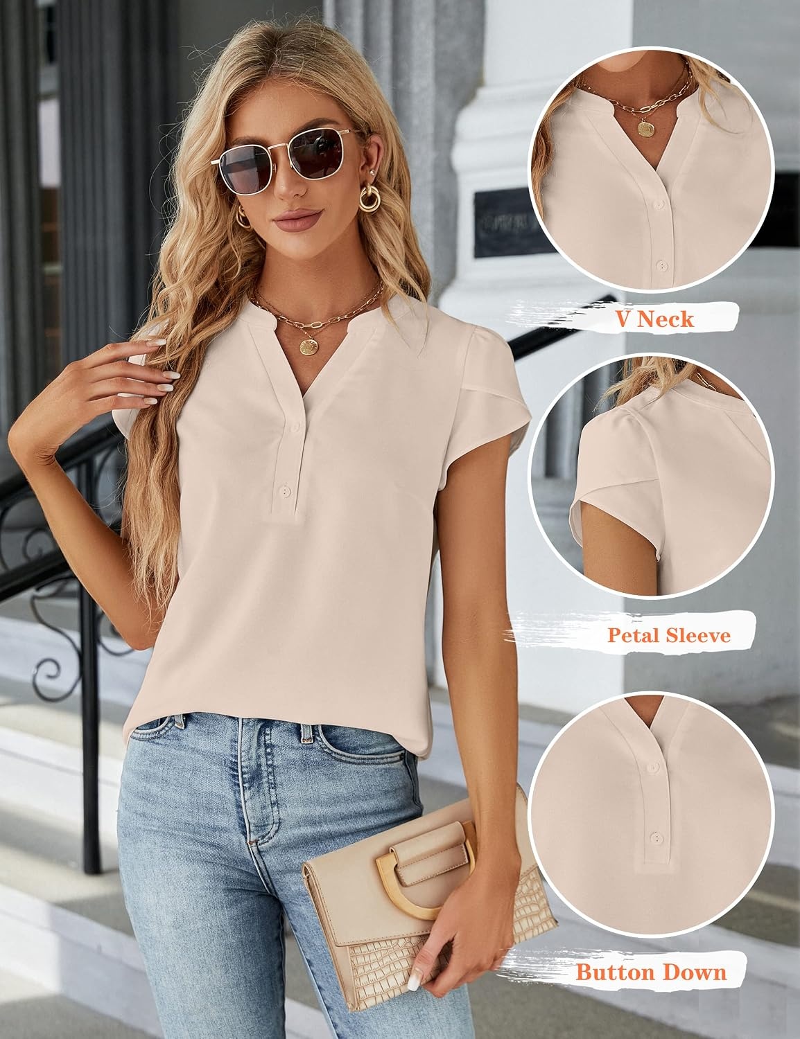 image:imageBlooming Jelly Womens Dressy Casual Tops Business Work Short Sleeve BlouseApricot