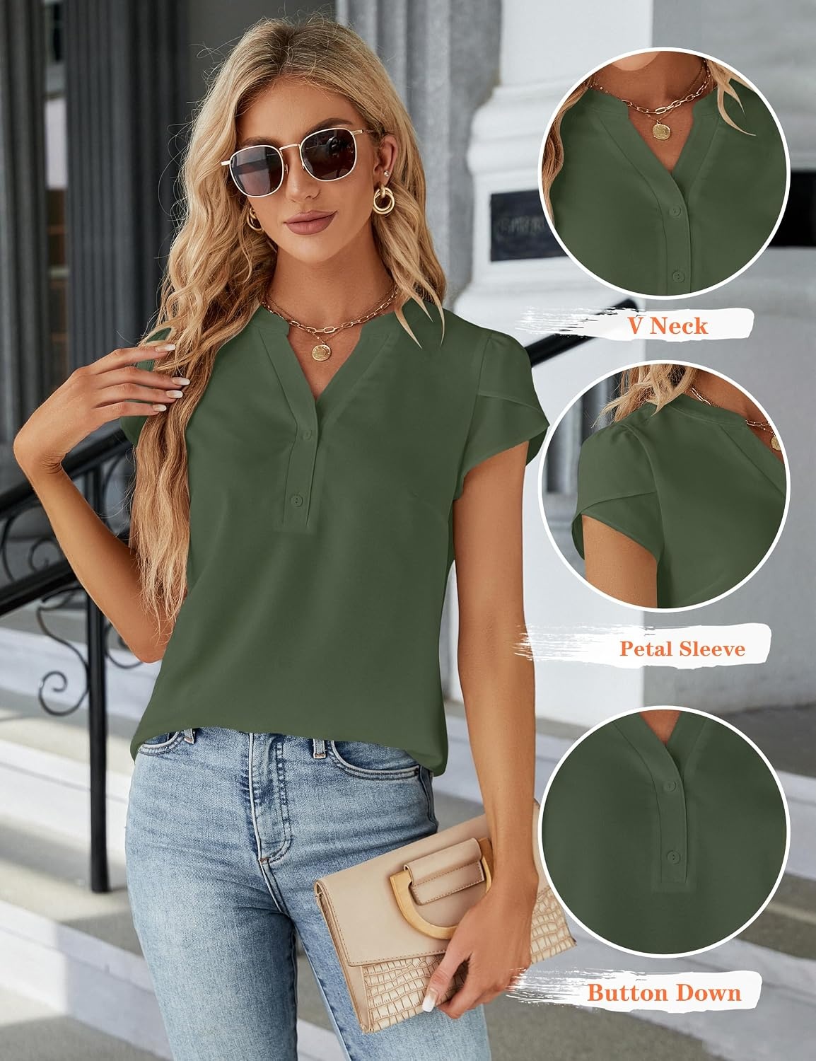 image:imageBlooming Jelly Womens Dressy Casual Tops Business Work Short Sleeve BlouseArmy Green