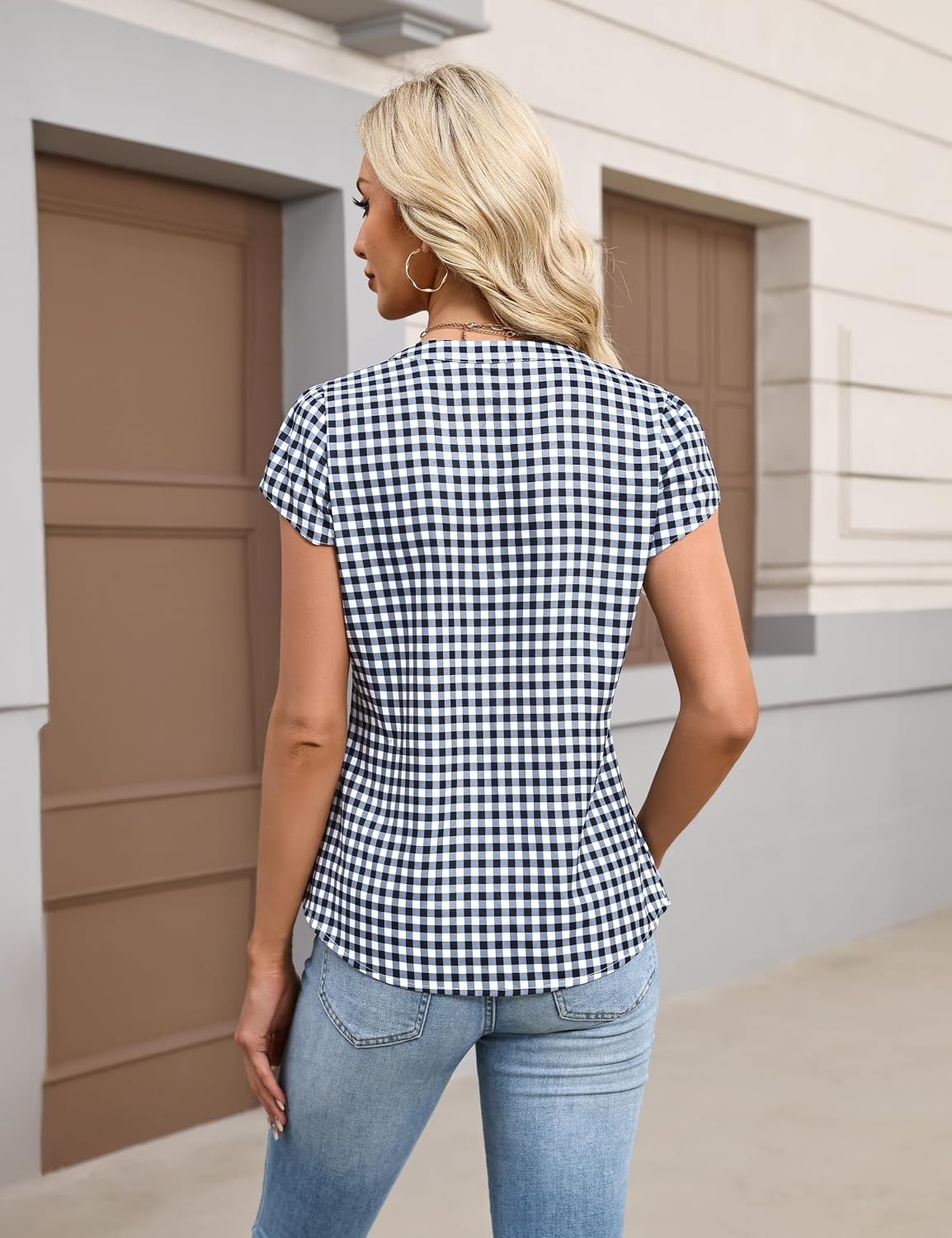 image:imageBlooming Jelly Womens Dressy Casual Tops Business Work Short Sleeve BlouseBlack Plaid