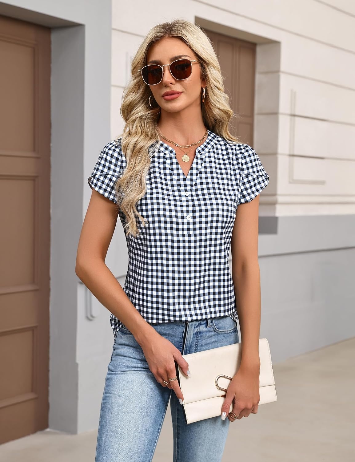 image:imageBlooming Jelly Womens Dressy Casual Tops Business Work Short Sleeve BlouseBlack Plaid