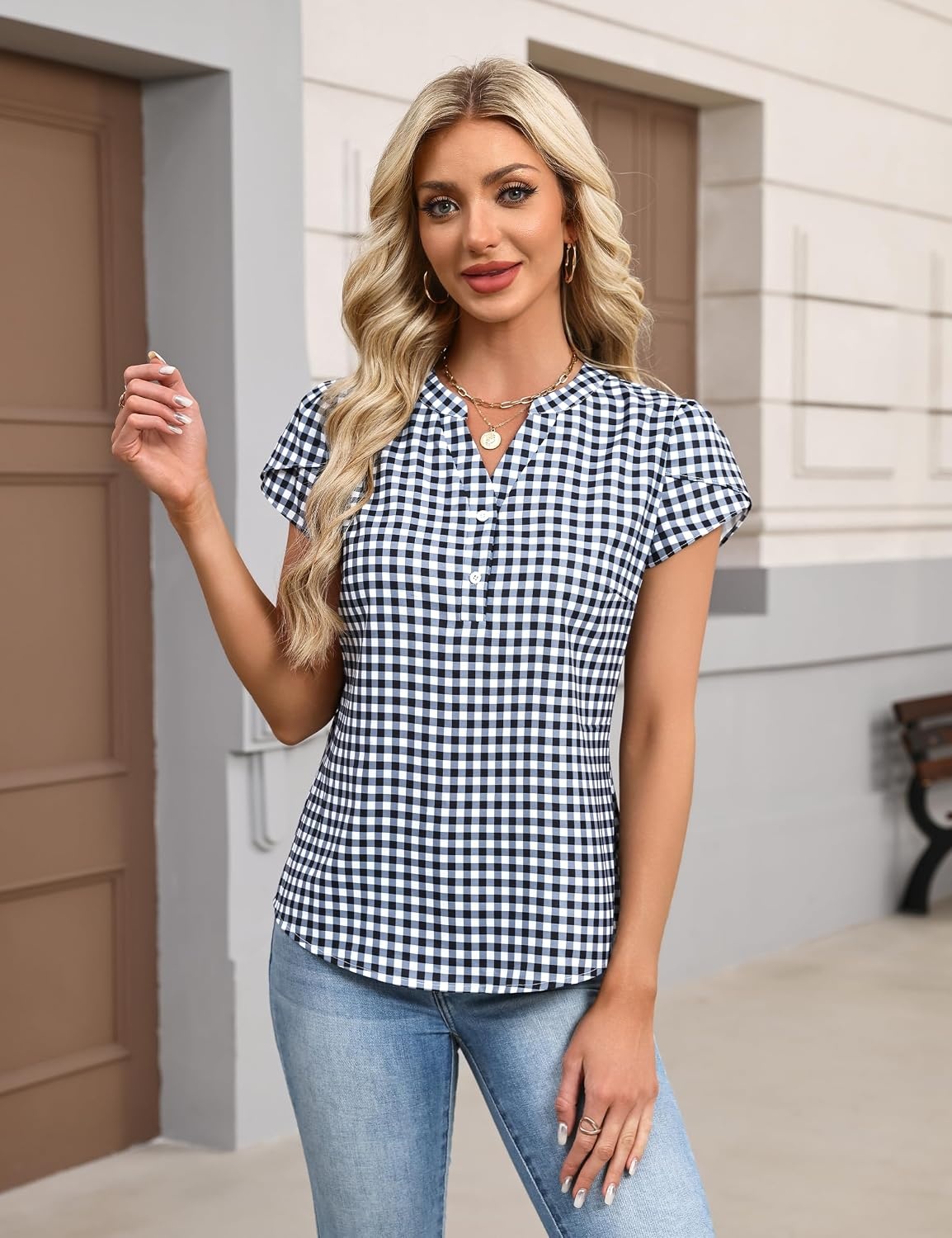 image:imageBlooming Jelly Womens Dressy Casual Tops Business Work Short Sleeve BlouseBlack Plaid