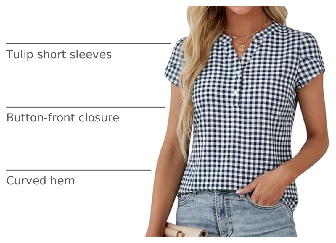 image:imageBlooming Jelly Womens Dressy Casual Tops Business Work Short Sleeve BlouseBlack Plaid