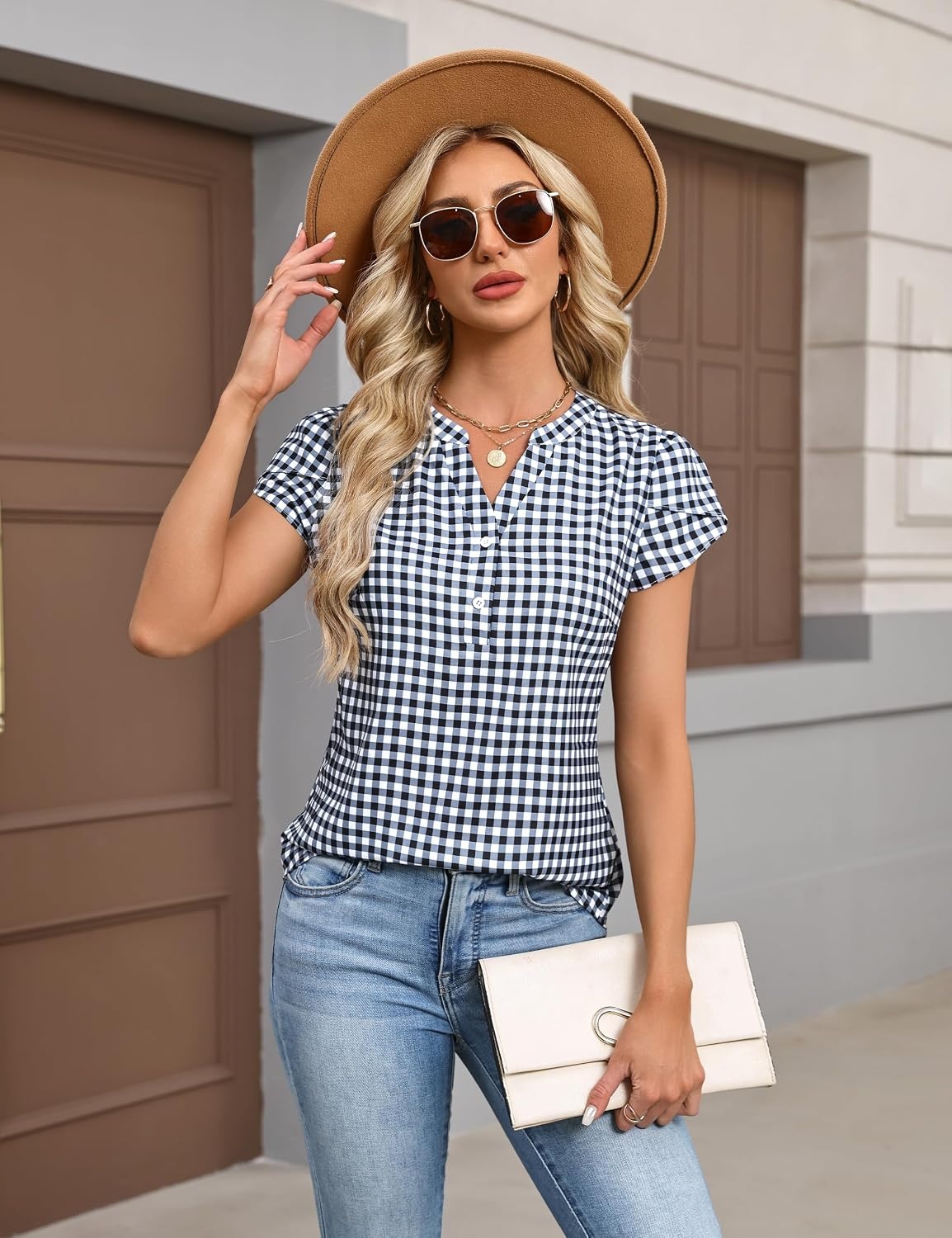image:imageBlooming Jelly Womens Dressy Casual Tops Business Work Short Sleeve BlouseBlack Plaid