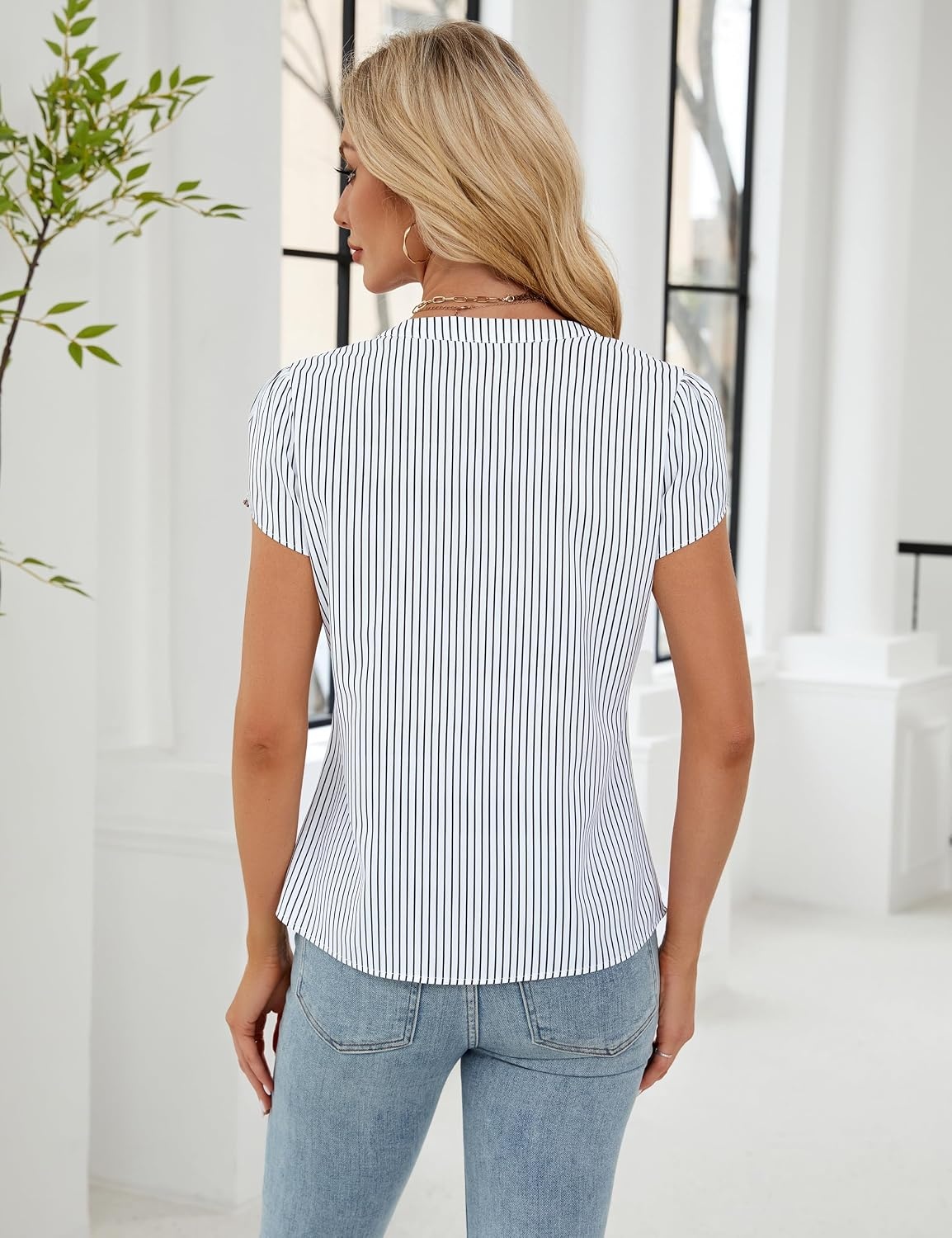 image:imageBlooming Jelly Womens Dressy Casual Tops Business Work Short Sleeve BlouseBlack Striped