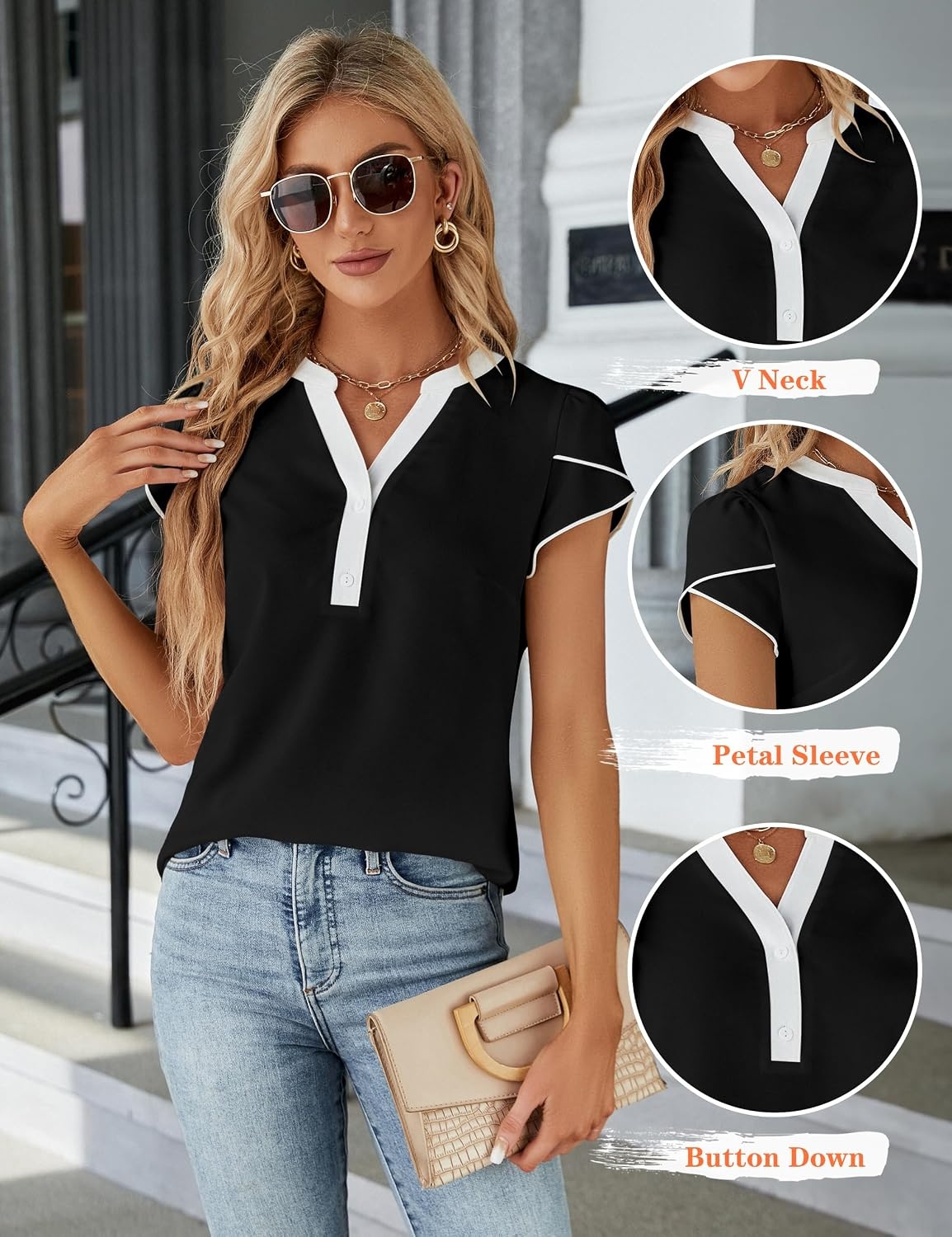 image:imageBlooming Jelly Womens Dressy Casual Tops Business Work Short Sleeve BlouseBlack With White