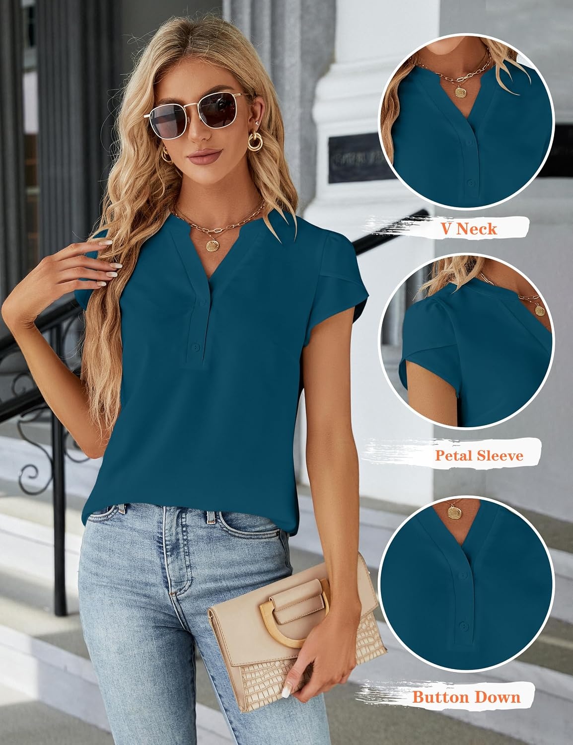 image:imageBlooming Jelly Womens Dressy Casual Tops Business Work Short Sleeve BlouseBlue01