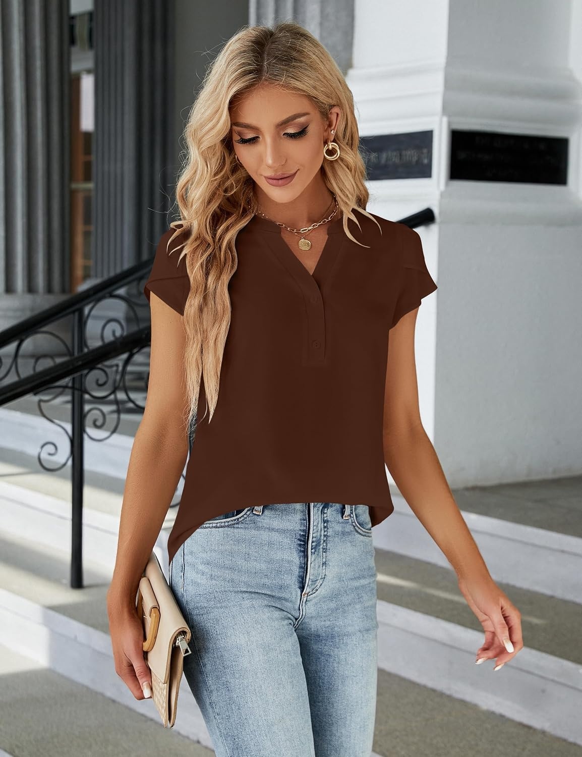 image:imageBlooming Jelly Womens Dressy Casual Tops Business Work Short Sleeve BlouseBrown