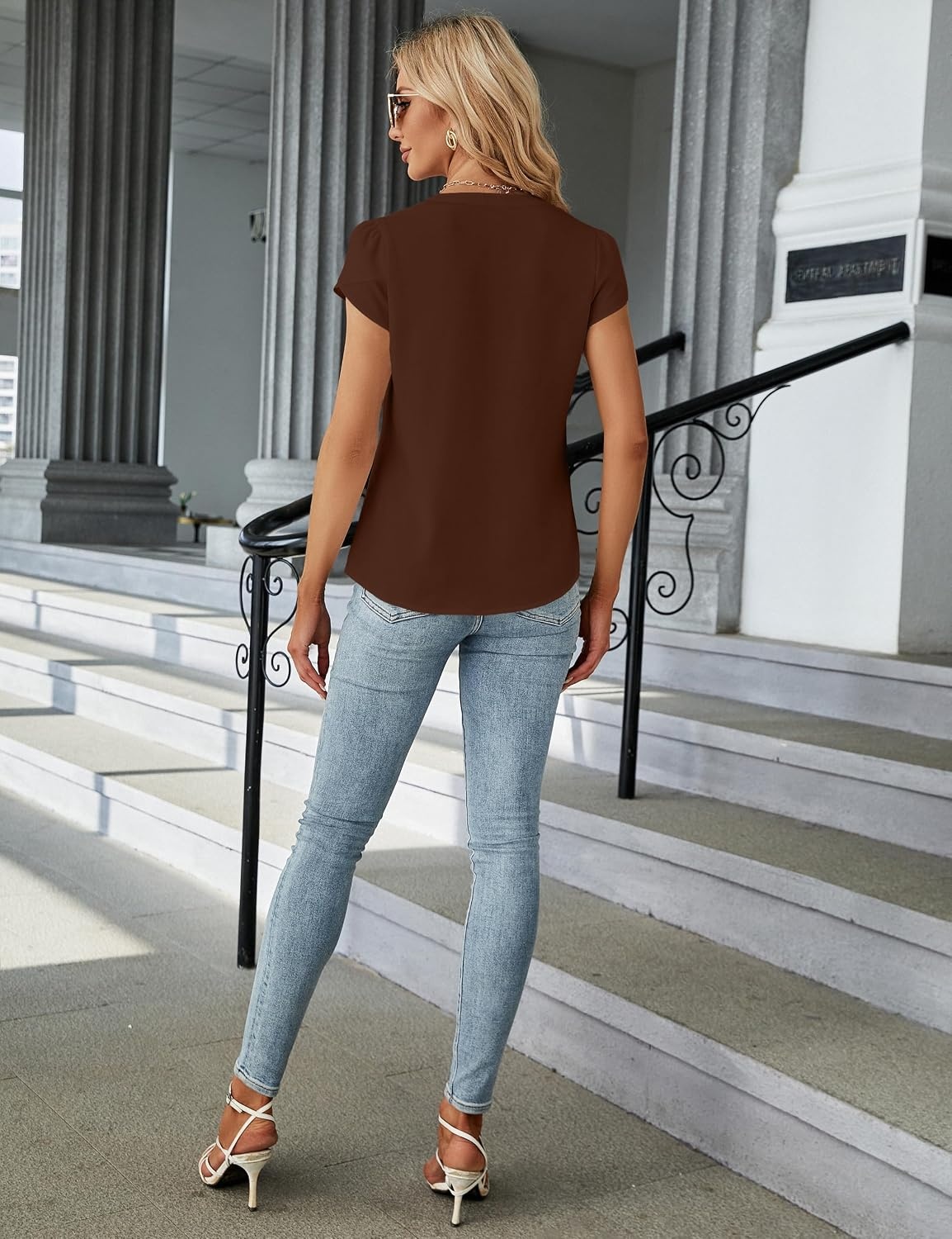 image:imageBlooming Jelly Womens Dressy Casual Tops Business Work Short Sleeve BlouseBrown