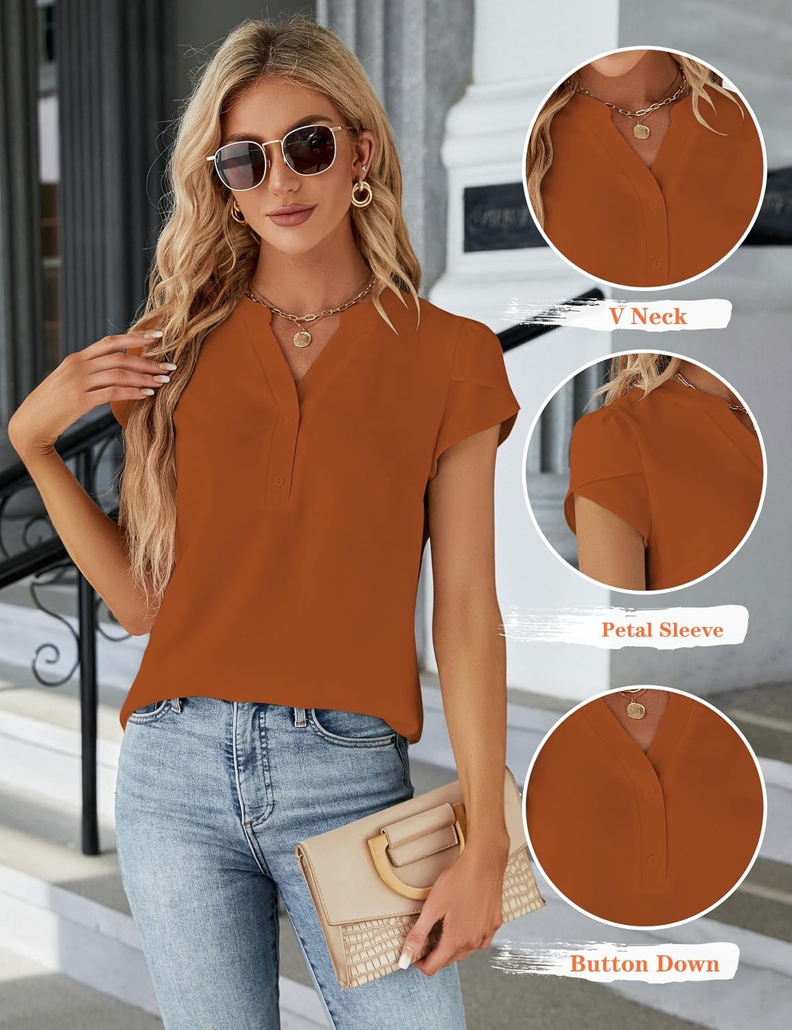 image:imageBlooming Jelly Womens Dressy Casual Tops Business Work Short Sleeve BlouseCaramel