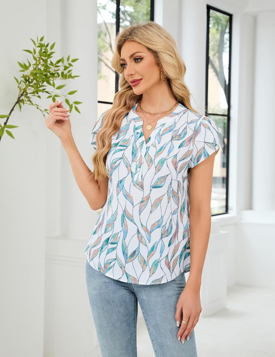 image:imageBlooming Jelly Womens Dressy Casual Tops Business Work Short Sleeve BlouseCyan Leaves