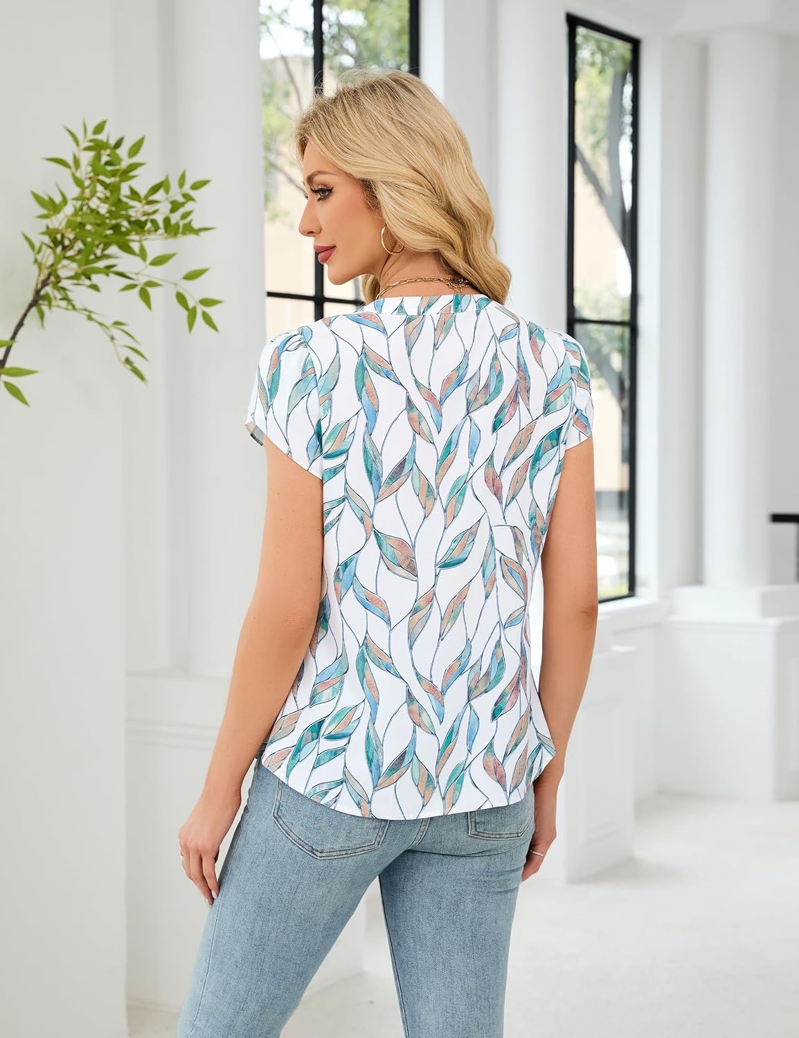 image:imageBlooming Jelly Womens Dressy Casual Tops Business Work Short Sleeve BlouseCyan Leaves