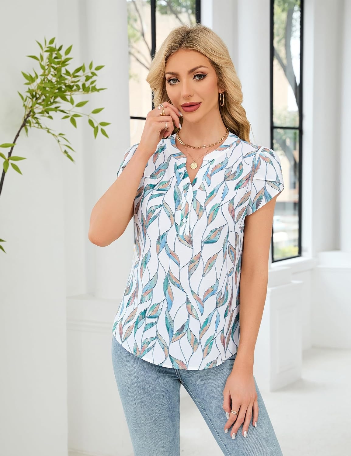 image:imageBlooming Jelly Womens Dressy Casual Tops Business Work Short Sleeve BlouseCyan Leaves