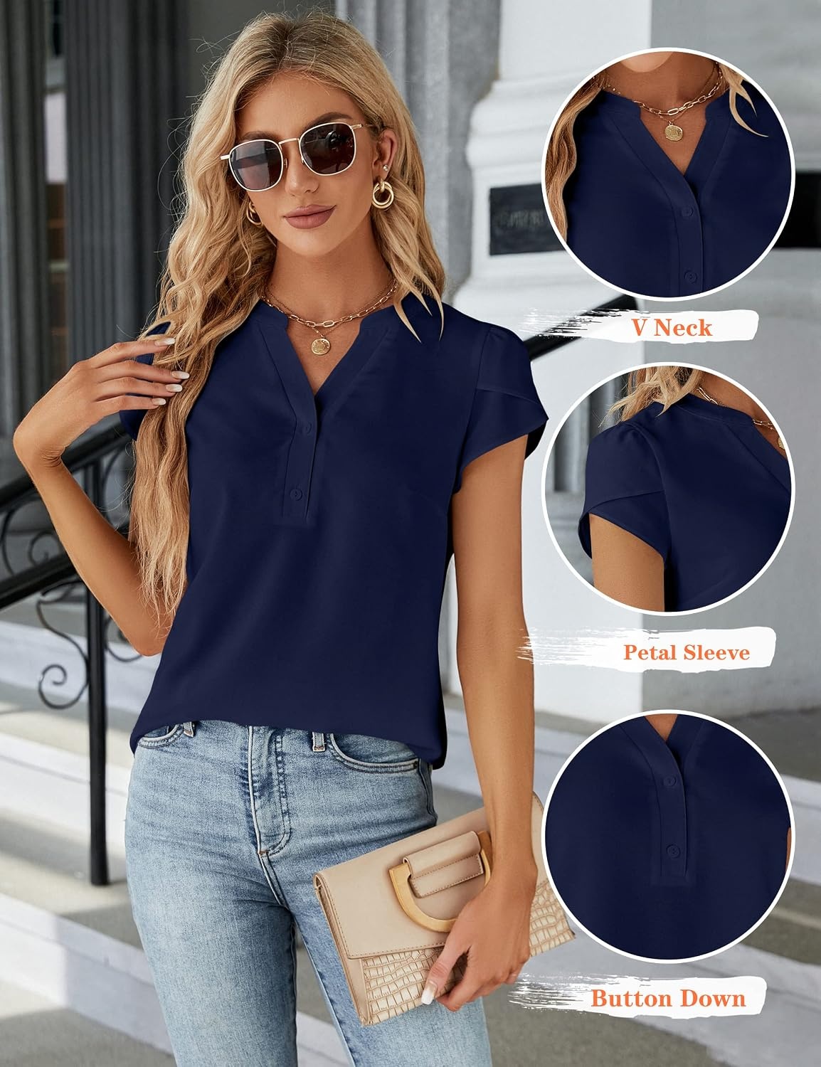 image:imageBlooming Jelly Womens Dressy Casual Tops Business Work Short Sleeve BlouseDark Blue