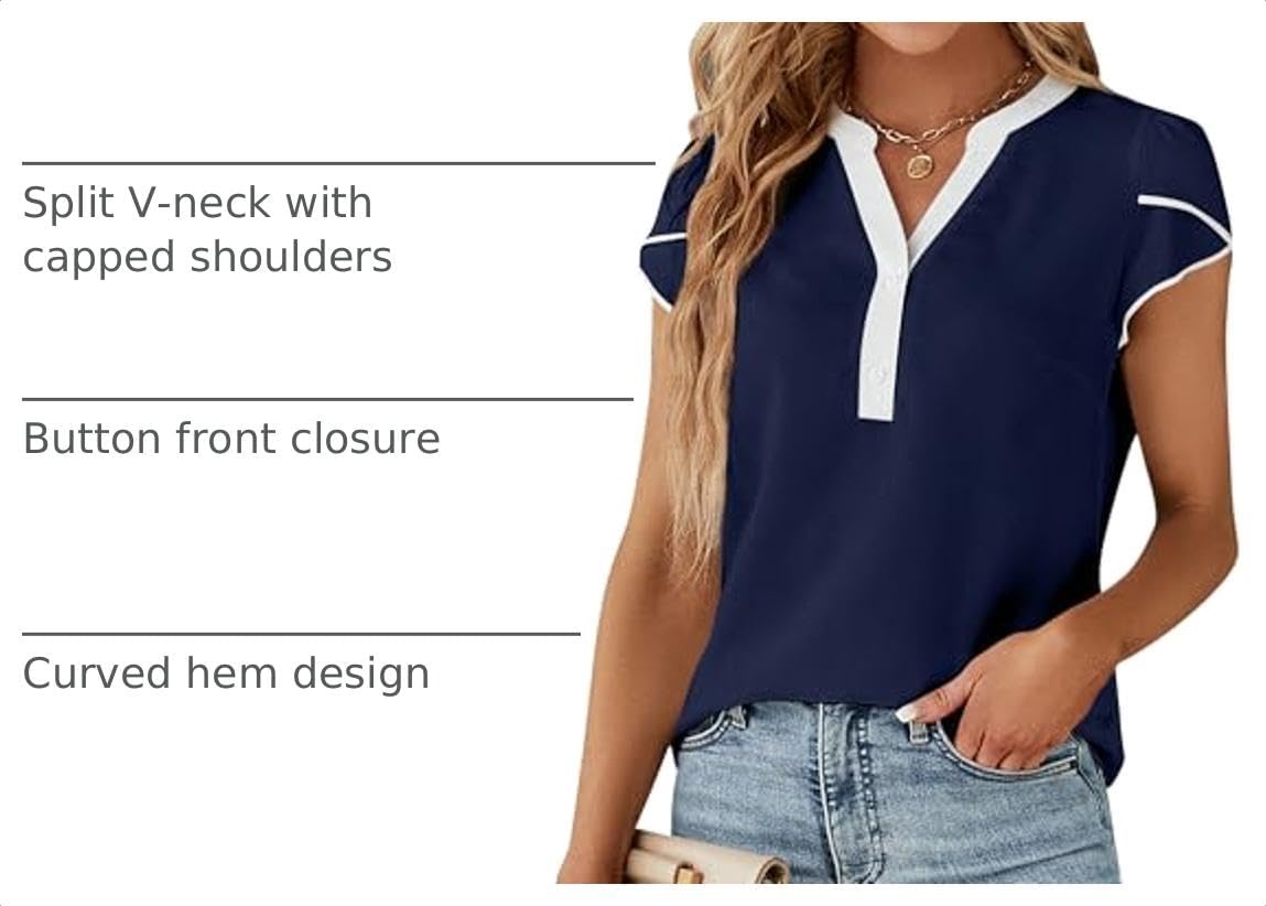 image:imageBlooming Jelly Womens Dressy Casual Tops Business Work Short Sleeve BlouseDark Blue With White