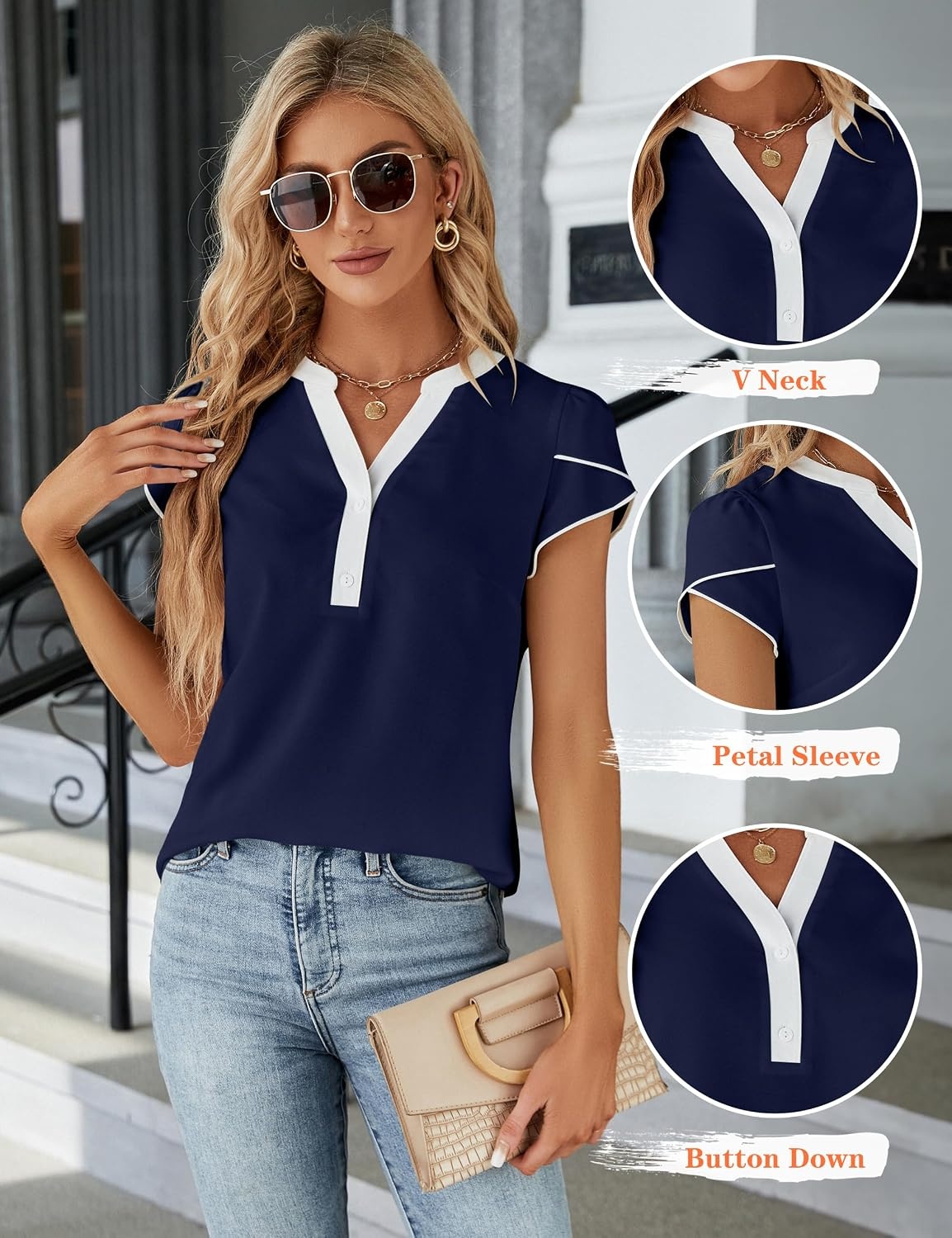 image:imageBlooming Jelly Womens Dressy Casual Tops Business Work Short Sleeve BlouseDark Blue With White