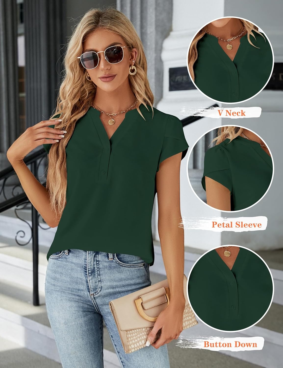 image:imageBlooming Jelly Womens Dressy Casual Tops Business Work Short Sleeve BlouseDark Green