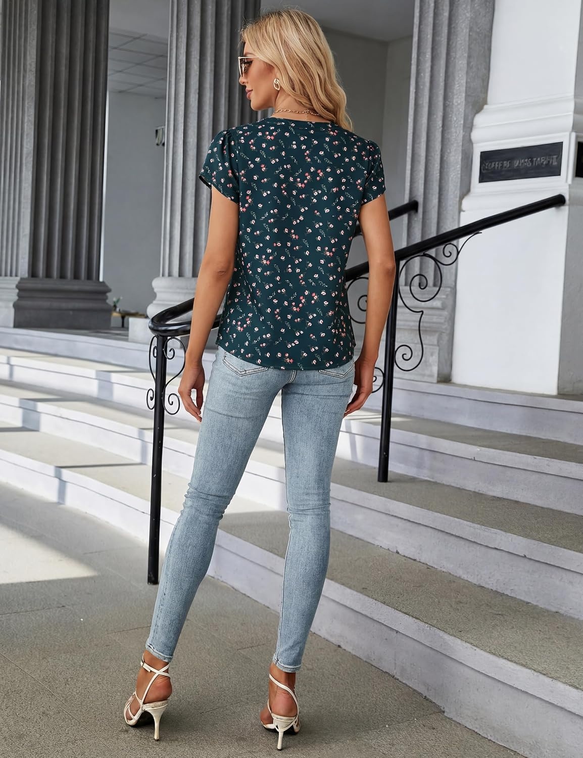 image:imageBlooming Jelly Womens Dressy Casual Tops Business Work Short Sleeve BlouseDark Green Floral