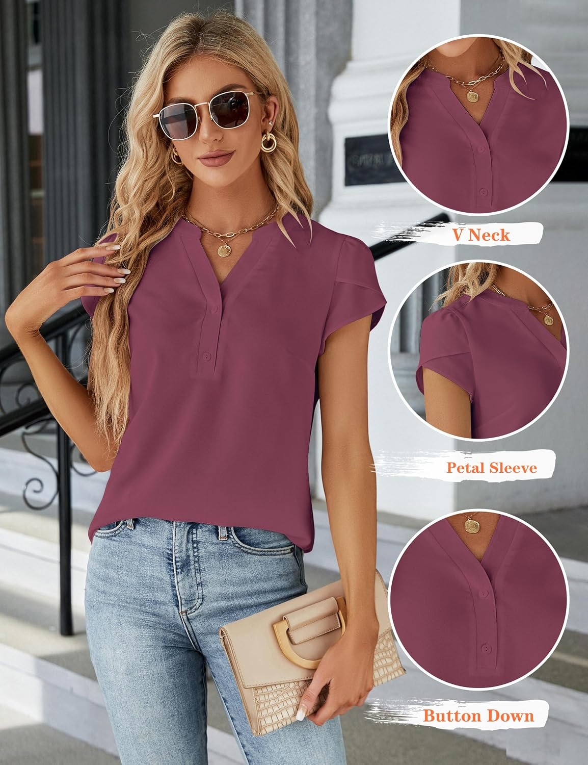 image:imageBlooming Jelly Womens Dressy Casual Tops Business Work Short Sleeve BlouseDark Reddish Purple